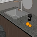 Modern Kitchen Sink With Brass Faucet Grey Countertop Round Mirror And Starbucks Cup