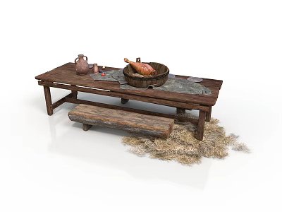 Rustic Wooden Table With Clay Pot Roasted Chicken Basket Bench And Straw 3d model
