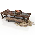 Rustic Wooden Table With Clay Pot Roasted Chicken Basket Bench And Straw