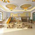 Bright Kindergarten Interior With Wooden Tables Chairs Yellow White Walls Circular Ceiling Decorations And Chandeliers