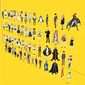 Various Game and Movie Characters in Different Outfits and Poses on Yellow Background