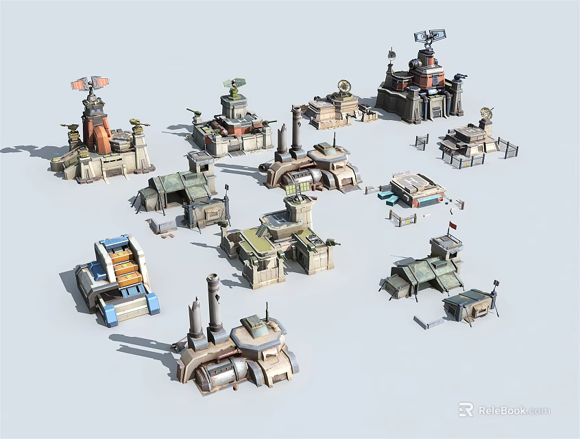 Cartoon Scene With Mechanical Building Models Various Shapes Structures Chimneys Antennas And Pipes 3d model 