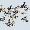Cartoon Scene With Mechanical Building Models Various Shapes Structures Chimneys Antennas And Pipes