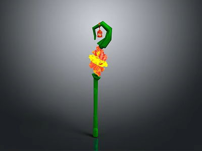 Green Magical Staff With Circular Top Red Gemstone And Flame Ornament 3d model