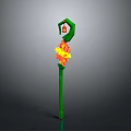 Green Magical Staff With Circular Top Red Gemstone And Flame Ornament