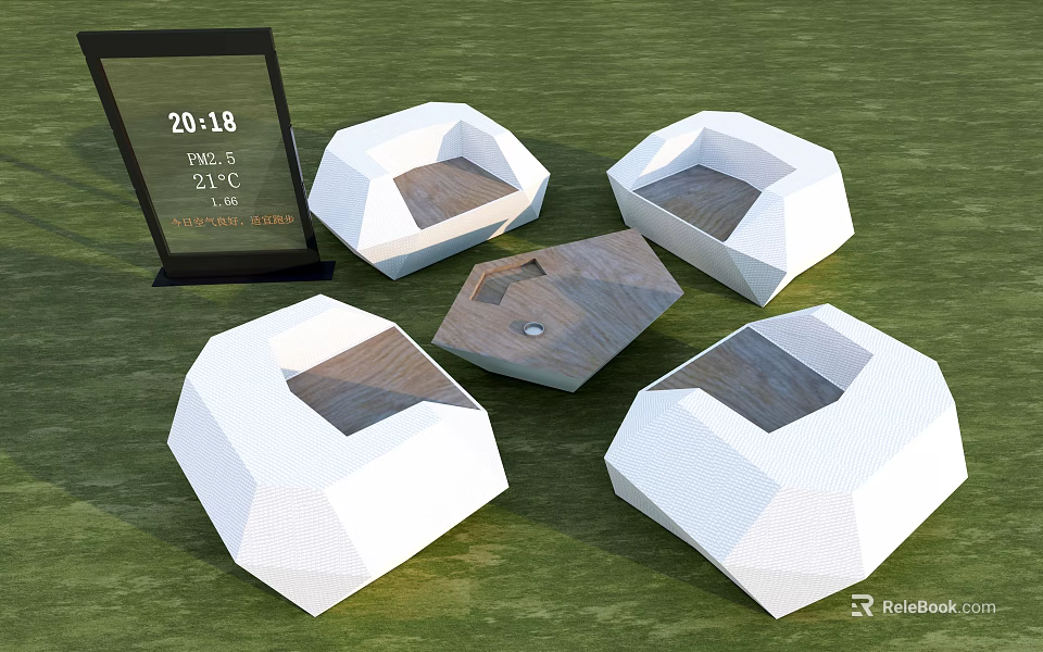 Outdoor Polygonal Table Chair Set With White Seats Wooden Top Green Grass Sunny Weather 3d model 
