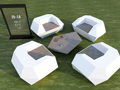 Outdoor Polygonal Table Chair Set With White Seats Wooden Top Green Grass Sunny Weather 3d model