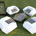Outdoor Polygonal Table Chair Set With White Seats Wooden Top Green Grass Sunny Weather