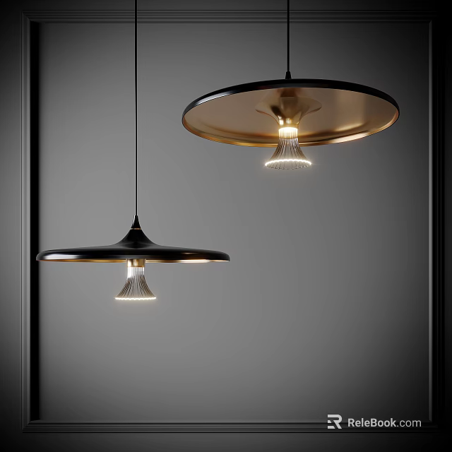 Two Modern Pendant Lights Black Shade Golden Interior Warm Light Glow Design 3d model 