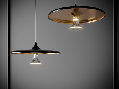 Two Modern Pendant Lights Black Shade Golden Interior Warm Light Glow Design 3d model