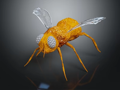 Detailed Close Up View Of Yellow Fly With Transparent Wings And White Compound Eyes 3d model