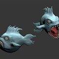 Blue Fish Monster Game Movie Character Design With Sharp Teeth Open Mouth Prominent Eyes