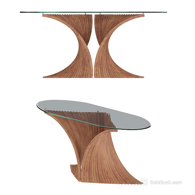 Elegant Modern Dining Table With Curved Wooden Base And Clear Glass Top 3d model 
