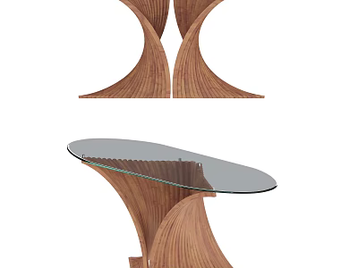 Elegant Modern Dining Table With Curved Wooden Base And Clear Glass Top 3d model