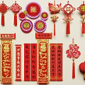 Traditional Chinese Hanging Decorations With Fu Character Lanterns And Spring Couplets