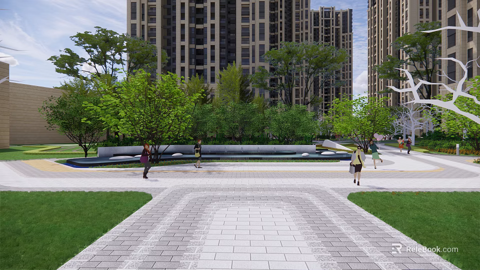 Picturesque Residential Landscape With High Rise Buildings Green Trees Paved Walkway And People Walking 3d model 