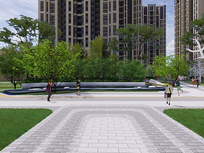 Picturesque Residential Landscape With High Rise Buildings Green Trees Paved Walkway And People Walking 3d model