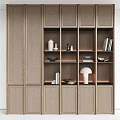 Modern Style Decorative Cabinet With Layered Design Neutral Tone And Vases Books Lamp Decorative Items