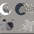 Cute Kids Room Wall Decor With Moon Elephant Stars Clouds Astronaut And Airplane