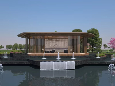 Tranquil Garden Landscape With Circular Wooden Pavilion Over Water Fountains And Pink Flowering Trees 3d model
