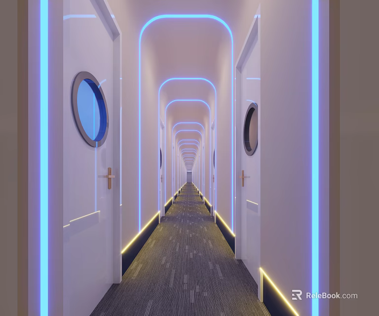 Modern Elevator Hallway With White Doors Round Windows Blue Yellow Lighting And Gray Carpet 3d model 