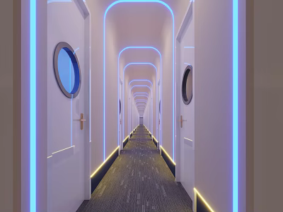 Modern Elevator Hallway With White Doors Round Windows Blue Yellow Lighting And Gray Carpet 3d model