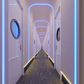 Modern Elevator Hallway With White Doors Round Windows Blue Yellow Lighting And Gray Carpet
