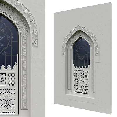 Traditional Islamic Style Arched Windows With Intricate Carved Designs And Glass Panels 3d model