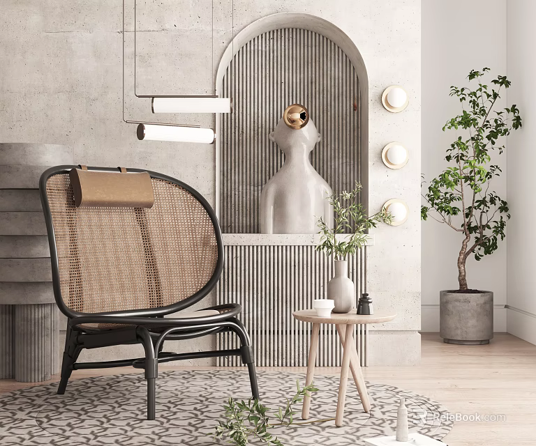 Modern Rattan Leisure Chair in Cozy Interior with Side Table and Green Plant Decor 3d model 