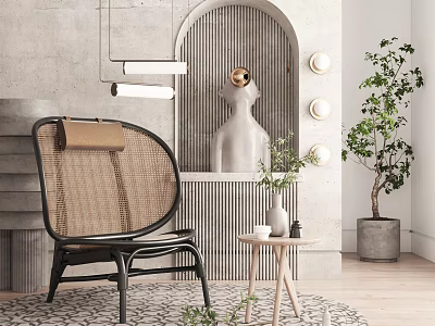 Modern Rattan Leisure Chair in Cozy Interior with Side Table and Green Plant Decor 3d model