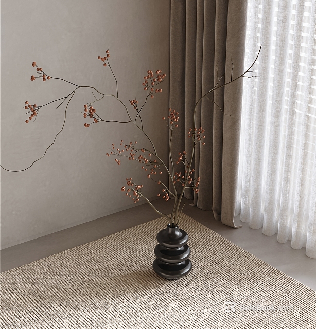 Decorative Black Stacked Vase With Red Berry Twigs Against Neutral Wall Natural Light Curtain Rug 3d model 