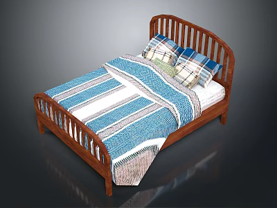 Wooden Bed Furniture With Blue And White Striped Quilt And Plaid Pillows 3d model