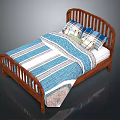 Wooden Bed Furniture With Blue And White Striped Quilt And Plaid Pillows