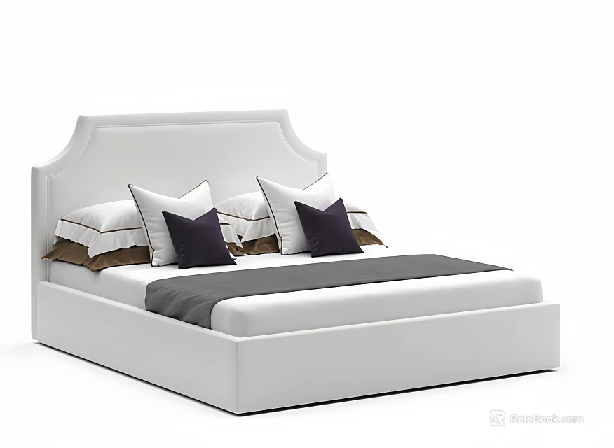 Modern White Double Bed with Upholstered Headboard and Decorative Pillows Bedding 3d model 