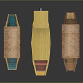 Three Traditional Wooden Boats with Colorful Hulls and Thatched Roofs Displayed on Dark Surface
