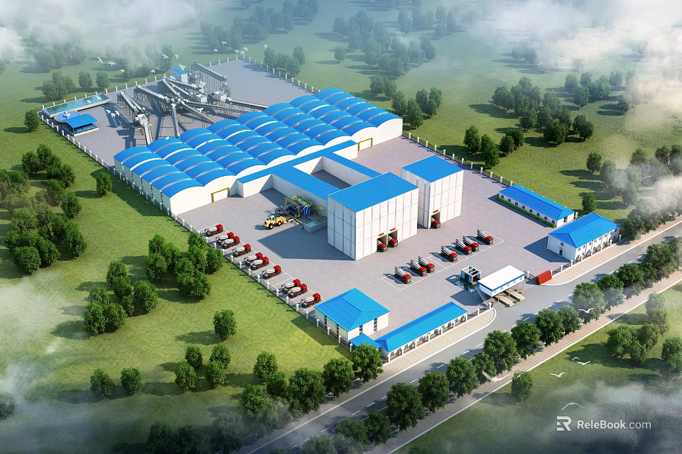 Large Scale Industrial Factory With Blue Roof Green Surroundings And Parking Area Vehicles 3d model 