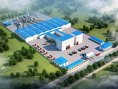 Large Scale Industrial Factory With Blue Roof Green Surroundings And Parking Area Vehicles 3d model