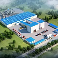Large Scale Industrial Factory With Blue Roof Green Surroundings And Parking Area Vehicles