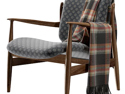 Wooden Frame Leisure Chair With Gray Geometric Pattern Cushion And Plaid Fringe Blanket 3d model