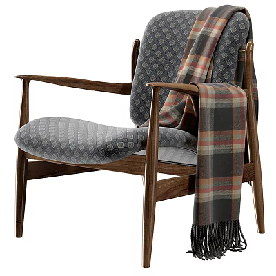 Wooden Frame Leisure Chair With Gray Geometric Pattern Cushion And Plaid Fringe Blanket 3d model