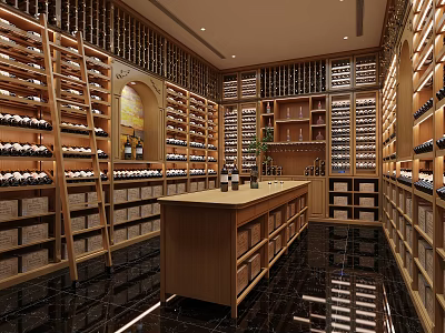 Elegant Wine Cellar Interior Design With Well Organized Racks Wooden Counter And Bottles 3d model