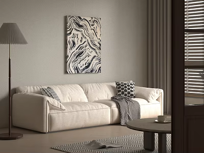 White Double Sofa Living Room Interior With Marble Painting Floor Lamp Pillows And Coffee Table 3d model