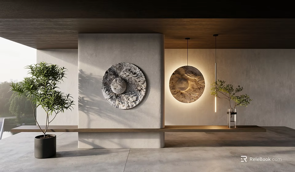 Textured Wall With Circular Decor Illuminated Artwork Green Plants And Wooden Ceiling In Modern Interior 3d model 