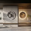 Textured Wall With Circular Decor Illuminated Artwork Green Plants And Wooden Ceiling In Modern Interior