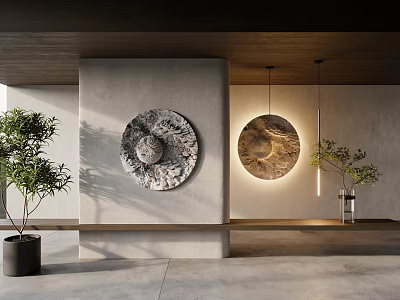 Textured Wall With Circular Decor Illuminated Artwork Green Plants And Wooden Ceiling In Modern Interior 3d model