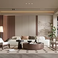 Modern Elegant Living Room Interior With Beige Sofa Wood Accents Round Coffee Table And Floor Lamp
