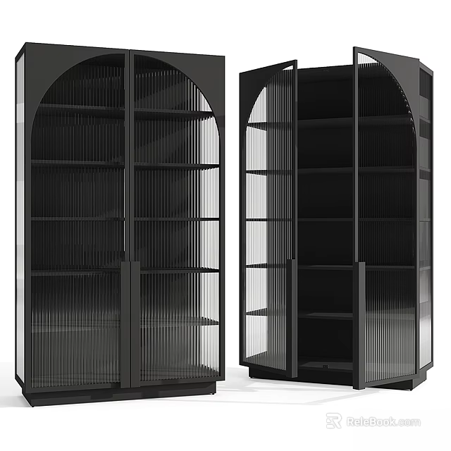 Modern Black Cabinet with Glass Doors Vertical Stripes and Arched Silhouette 3d model 