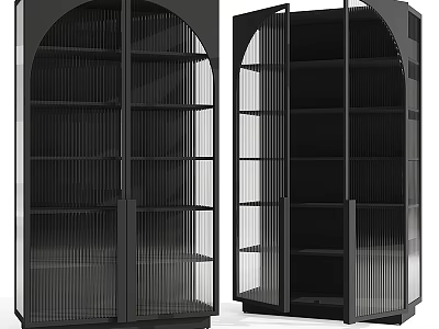 Modern Black Cabinet with Glass Doors Vertical Stripes and Arched Silhouette 3d model