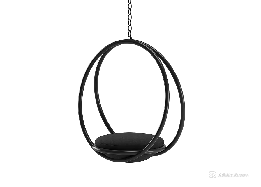 Modern Black Round Frame Hanging Chair With Chain And Comfortable Cushion 3d model 