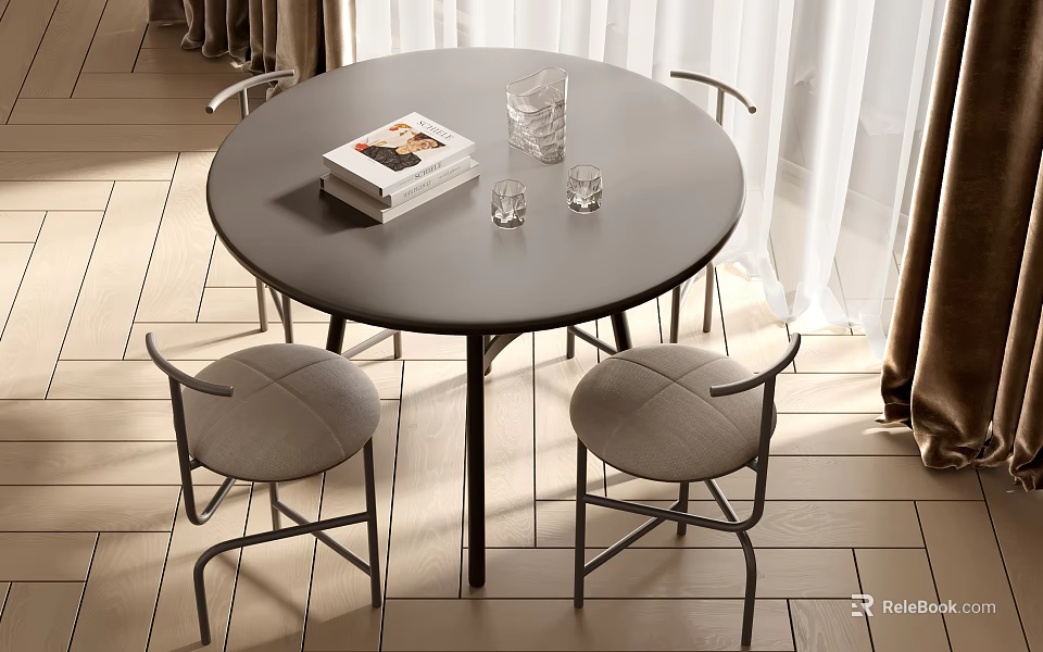 Modern Round Dining Table Set With Black Tabletop Light Gray Cushioned Chairs And Glass Cups 3d model 